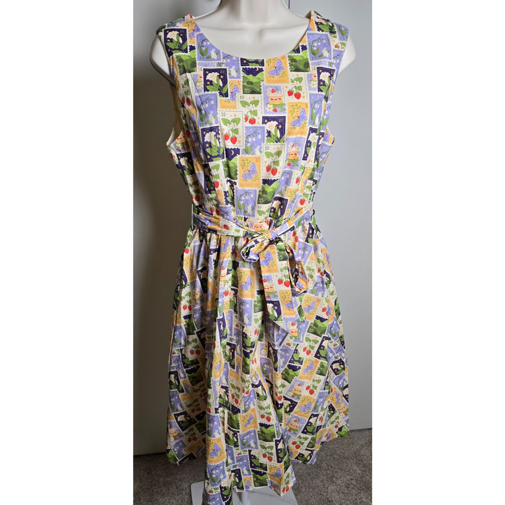 Tulip B Spring Stamps Cotton Fit & Flare Midi Dress Size S NWT Pockets Belted - Picture 2 of 8